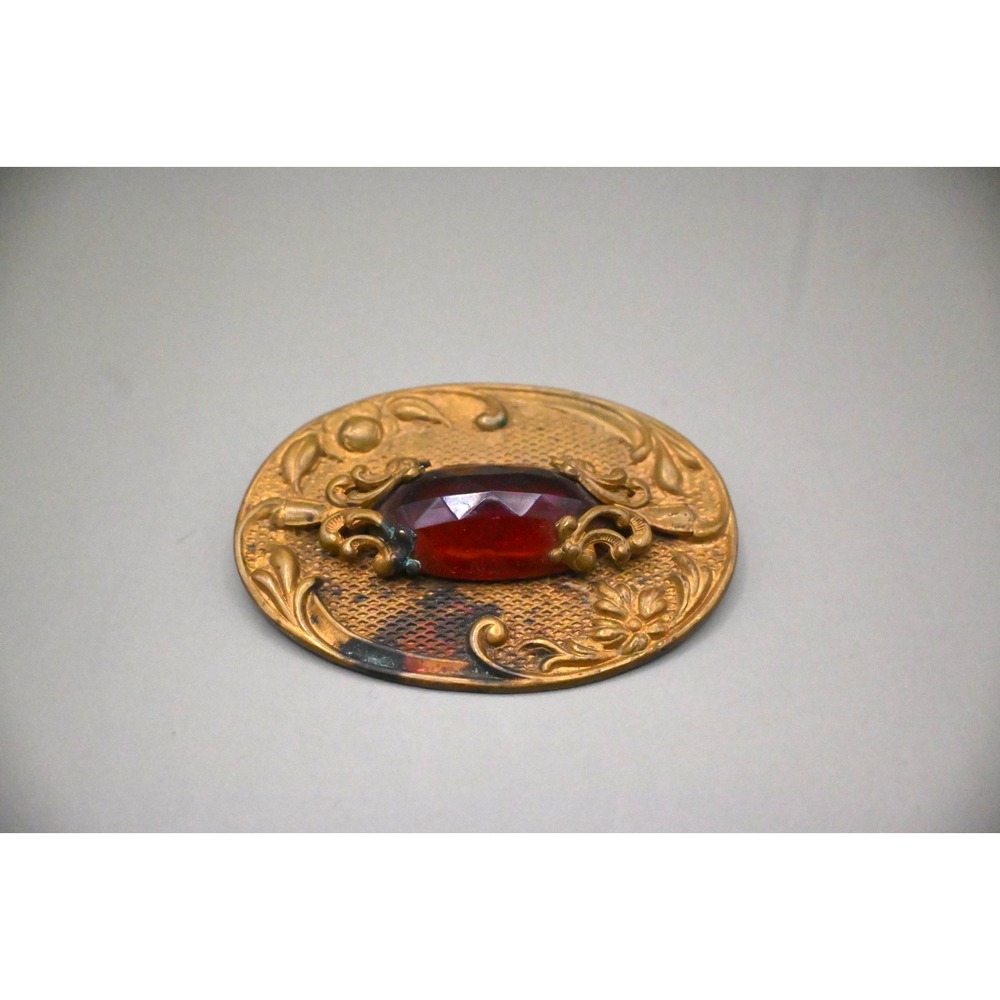 Antique Victorian Brass Sash Pin Brooch Ruby Red Glass Open Back Oval C Clasp